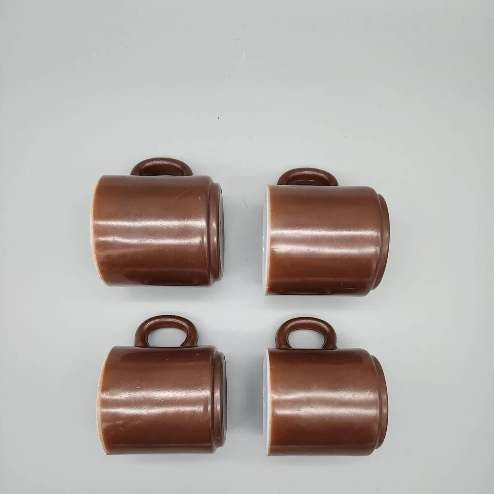 VtG 4 Hazel Atlas Glass Two-Toned Coffee Mugs Coffee Cups Brown & White D Handle